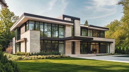 Obraz premium Modern Stone House with Large Windows and Green Lawn
