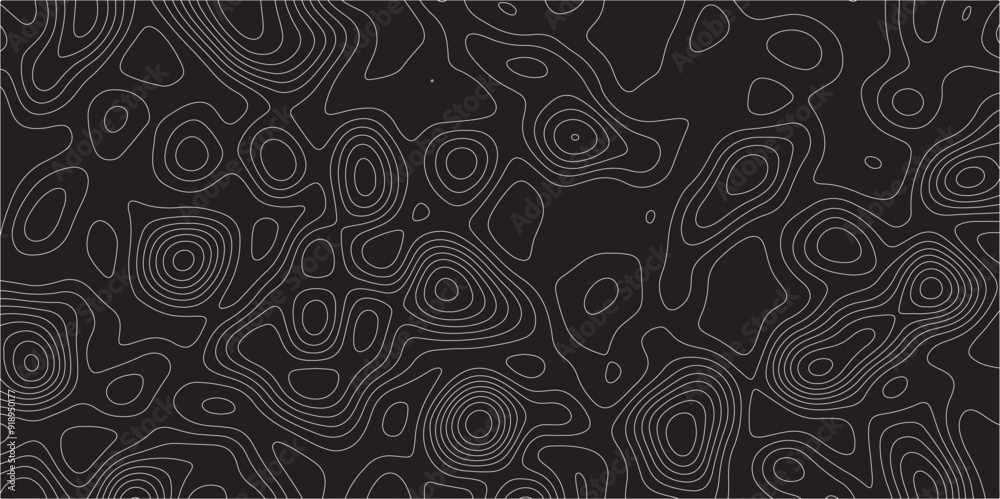 Poster Abstract white on black background Topographic line map pattern. Contour elevation topographic and textured Background Modern design with black background with topographic wavy patted.	
