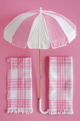 A pink beach umbrella stands over two matching towels, inviting visitors to enjoy a restful time on the sandy shore