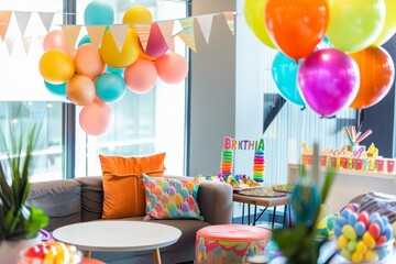 Professional Photography of a themed birthday celebration in the office, with decorations matching the celebrant's interes, Generative AI