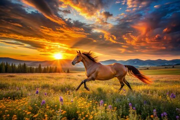 Majestic golden sunset casts a warm glow on a lush field of wildflowers and grass, where a horse gallops freely, embodying nature's beauty and liberty.