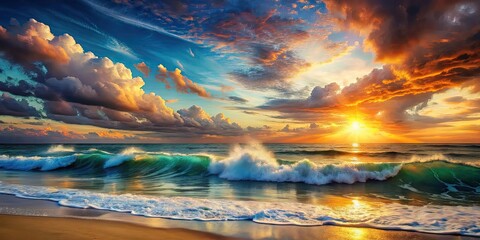 Sunset painting of ocean waves crashing on beach with clouds in sky, sunset, painting, ocean, waves, beach, clouds, sky