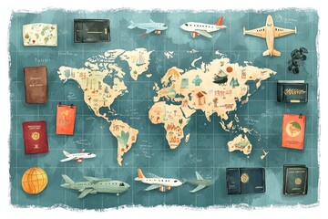 World Map Illustration with Travel Objects