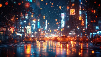 Fototapeta premium A night view of a busy urban intersection, with sparkling headlights and signs.