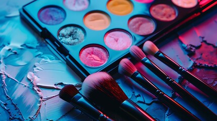 An artistic shot of makeup brushes and a palette of vibrant eyeshadows, arranged neatly on a marble surface with subtle lighting. 8k UHD, suitable for high-quality printing or digital display. 