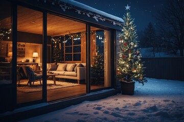 Cozy apartment with sliding doors, and decorated christmas tree on the patio at snowy winter night
