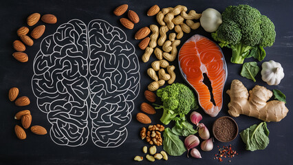 Mindful conscious eating, smart eating diet banner, healthy food for brain functions and memory, mental wellness. Chalk drawing of brain on black chalkboard, top view layout