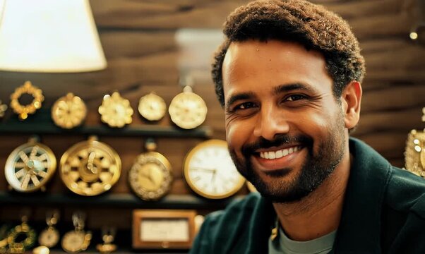 Engaging video portrait of a welcoming pawn shop owner showcasing valuable items in a vibrant store