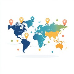 Colorful world map with location markers, indicating global destinations and travel routes, on a white background.