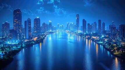 A skyline of a coastal city at night, with sparkling reflections on the water.