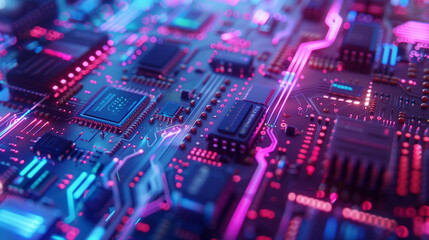 Obraz premium Close-up of a colorful circuit board glowing with neon lights.