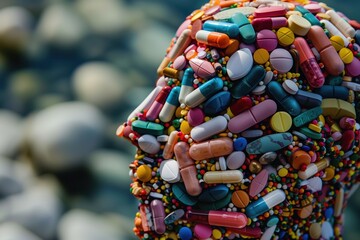 Obraz premium Intricate Human Head Sculpted from Various Colorful Pills Depicting Addiction Concept and Substance Dependency Struggle in an Abstract Artistic Style