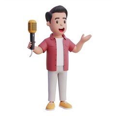 Funny man character sings into a microphone in 3D style on a white background.
