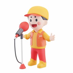 Funny man character sings into a microphone in 3D style on a white background.
