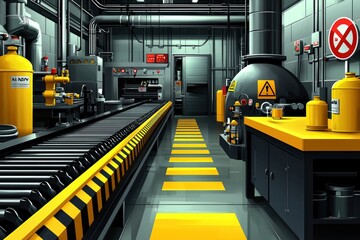 Industrial Factory Interior with Conveyor Belt and Yellow Warning Signs