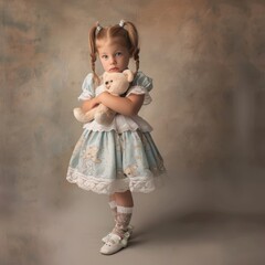 A little girl in a blue dress holds a teddy bear in her hands
