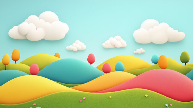 Cartoon Landscape. Vibrant cartoon landscape with colorful rolling hills and fluffy clouds in a cheerful, whimsical style.