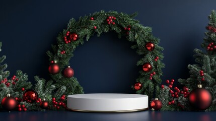 navy Background Simple White Podium Surrounded by Fresh Green Wreath and Festive Christmas Decorations. Space for Advertising of Products or Cosmetics. New Year and Christmas