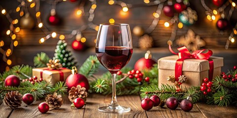Red wine glass surrounded by Christmas decorations, gifts, and ornaments on a table, red wine, glass, table