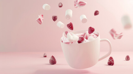 Raspberries and marshmallows falling into a cup of milk
