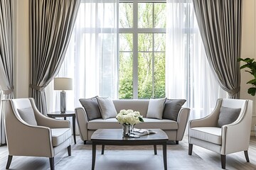 Elegant Living Room Interior with Stylish Gray and White Decor, Featuring Sofa, Armchairs, and Coffee Table by Large Windows