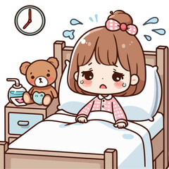 A little girl kid having fever in her bed, wake up in the morning. White background. Illustration