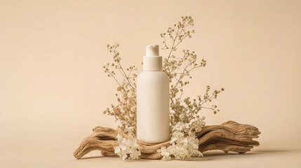 A bottle of white skincare product with plain no label. For advertisement, product display.