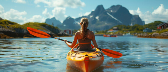 A woman paddles her kayak through the tranquil waters of Norway's fjords, surrounded by majestic mountains and lush landscapes