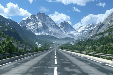 Fototapeta premium A deserted highway stretches into the distance, surrounded by majestic mountains