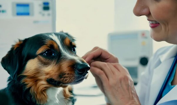 Close-up video of a devoted veterinarian examining a small dog in a warm veterinary clinic setting
