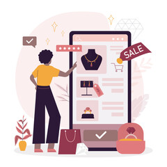 Internet jewelry shop with gold necklaces, rings with diamonds in gift box, earrings. Beauty woman buying online various golden jewellery on marketplace.
