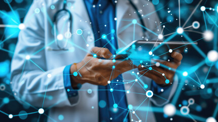 Medical professional in lab coat using tablet surrounded by digital network connections. Concepts of healthcare technology, data integration, and modern medicine.