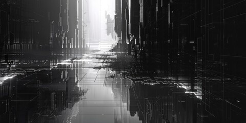 A black and white photo of a city with urban landscape, buildings and streets © Ева Поликарпова