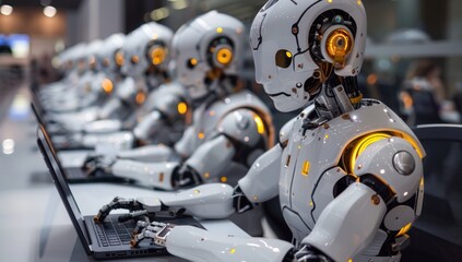 Fototapeta premium A Line of Advanced Robots Working on Laptops