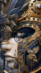 Fototapeta premium An intricately detailed warrior face with ornate armor reflects strength and artistry during a moment of contemplation