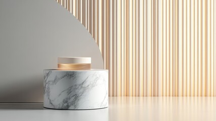 Cylindrical marble podium reflecting warm LED light, showcasing skincare product.
