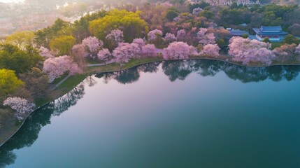 Aerial view of cherry blossoms by a serene lake in the morning
