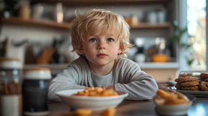 A young boy is sitting at a table with a bowl of food in front of him