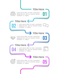 Vertical infographic line with arrow design template. 5 Process business to success. Business presentation, Brochure, Banner, Poster, and Marketing. Vector illustration.