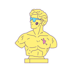 Y2k ancient Greek man macho in sunglasses bust contemporary pop art icon vector flat illustration. Antique Roman mythology god gypsum surreal statue monument fashion psychedelic t shirt print