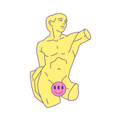 Y2k Greek god sculpture censored adults only contemporary pop art icon vector flat illustration. Antique Roman mythology man gypsum monument with smiley prohibition trendy t shirt print