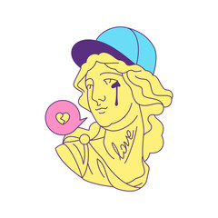 Y2k Greek goddess bust in cap crying lost love contemporary pop art icon vector flat illustration. Antique Roman mythology woman gypsum monument fashion psychedelic trendy t shirt print