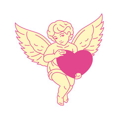 Y2k pink romantic baby boy angel with heart contemporary pop art icon vector flat illustration. Cupid cute heaven winged cartoon character love amour Valentine's retro groovy t shirt print