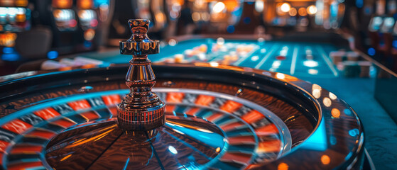 A close up shot of a roulette wheel spinning in a casino, with blurred figures of people in the background