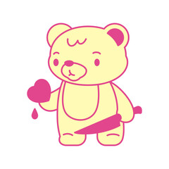 Y2k Kawaii bear toy with heart blood and knife psychedelic retro groovy icon vector flat illustration. Surreal teddy comic cartoon character killing love neo gothic contemporary pop art