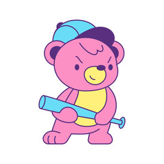 Y2k psychedelic criminal bear toy with baseball bat contemporary pop art icon vector flat illustration. Aggressive pink teddy boy cartoon character vandalism hooligan surreal comic t shirt print