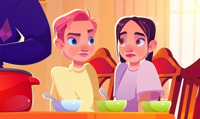 Scared and confused teen boy and girl sitting at wooden table with food in bowls and spoons in room interior. Cartoon vector illustration of afraid teenagers. Children with anxious expression.