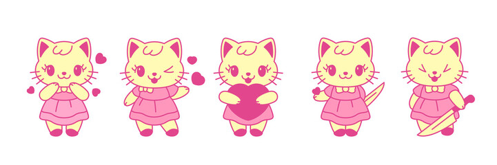Y2k Kawaii pink girls cats feminine contemporary pop art vector illustrations set. Glamour girlish little kitty elements for stickers, prints and t-shirt designs