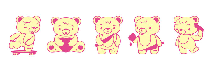 Y2k Kawaii bears toy skateboard love kill suicide psychedelic pop art vector illustrations set. Teddy bear comic cartoon characters elements for stickers, prints and t-shirt designs