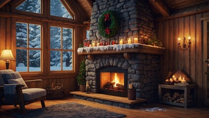 Cozy Wood Cabin Interior with Christmas Decorated Fireplace, Snow falling in the Forest
